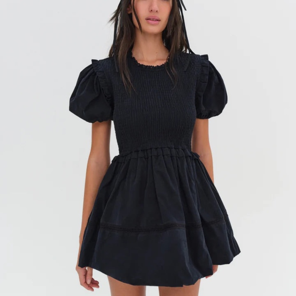 For Love & Lemons Black Smocked Puff-Sleeve Mini Dress